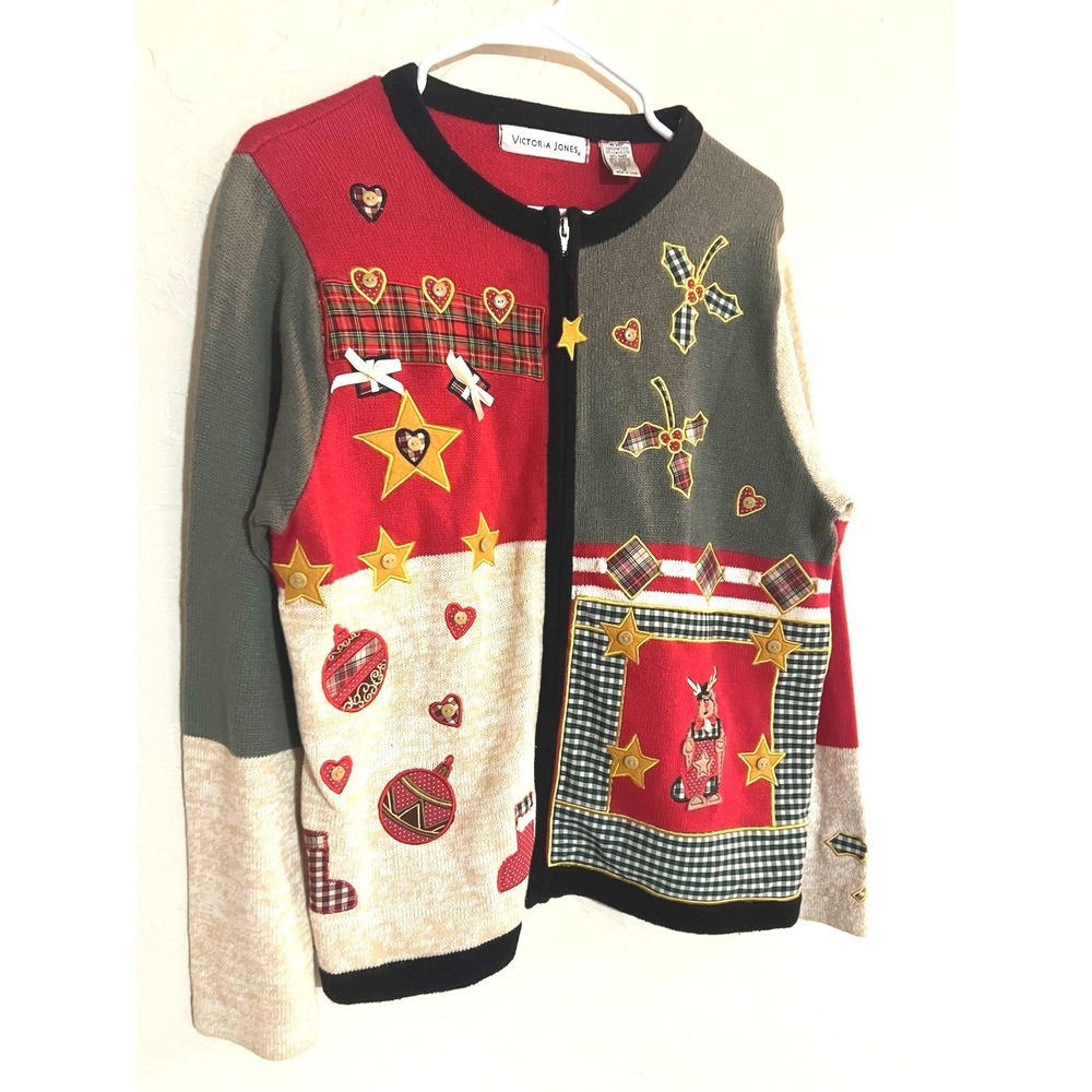 Victoria Jones Christmas Cardigan Sweater Womens Medium Red Green Patchwork Zip